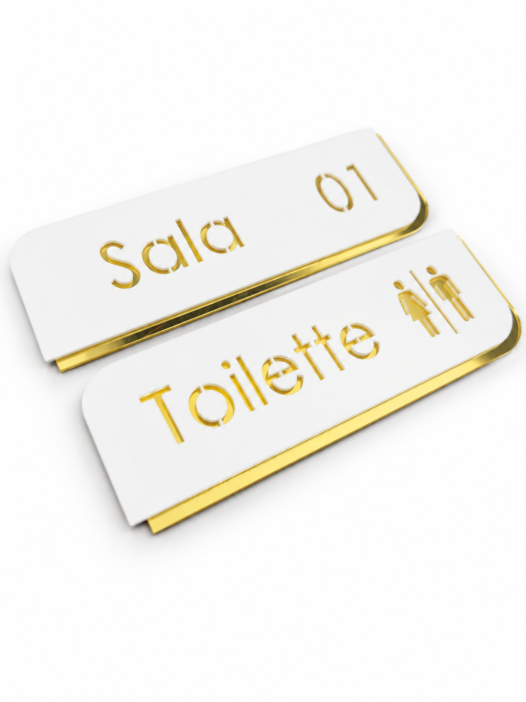 Placas de sinalização de sala e banheiro em branco e dourado